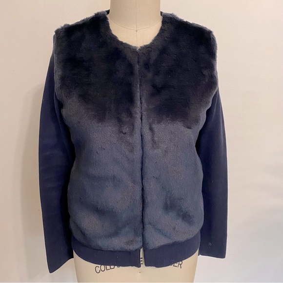 Banana Republic navy heavy knit cardigan with faux fur, XS - Picture 1 of 9